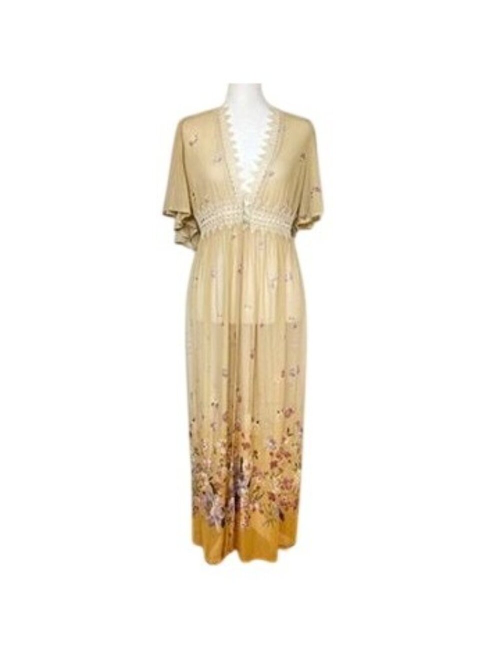 Butter Yellow Sheer Mesh Crochet Kimono Sz XL Maxi Dress Boho Country Garden - Picture 2 of 16
